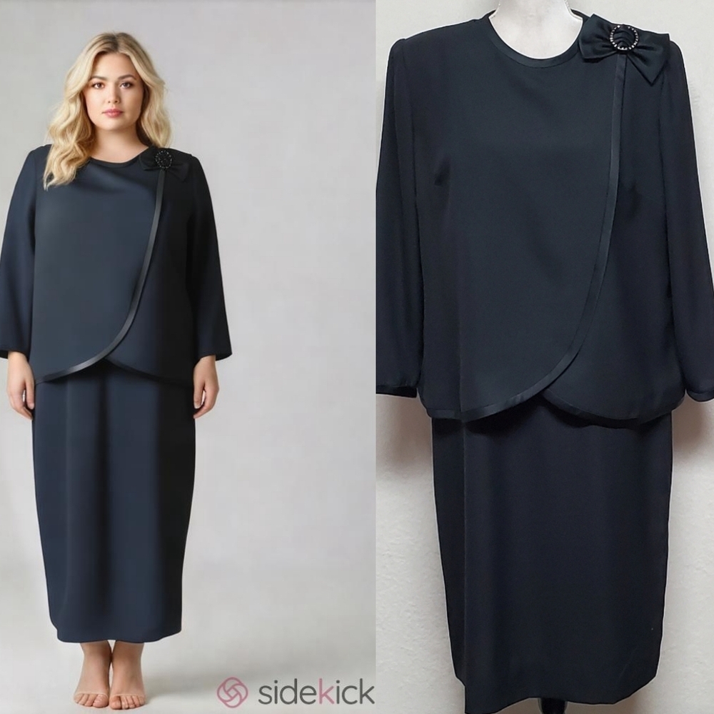 Vintage 80s Diane Roberts Black Crepe Satin Trim Layered Bow Applique Midi Dress